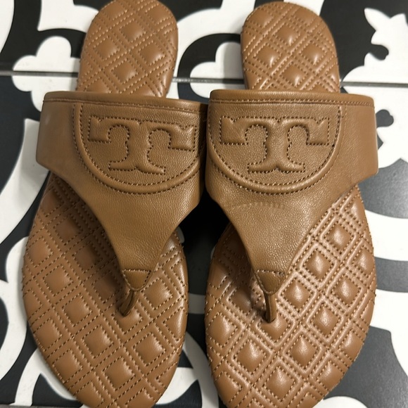 TORY BURCH NEW Tan Leather Quilted FLEMING Flat Sandal Slides - Picture 4 of 11